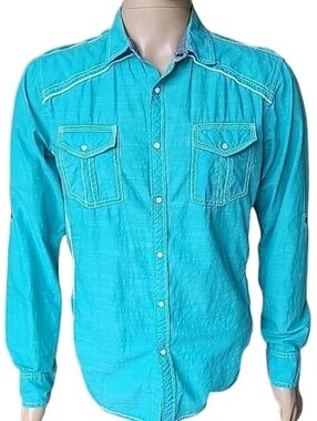 BKE Buckle Western Shirt Mens M Turquoise Pearl Snap Athletic Fit Cowboy Rodeo